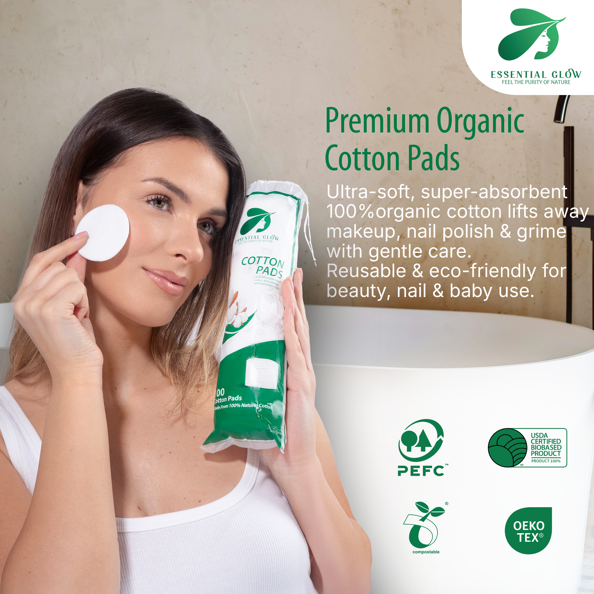 Essential Glow Organic Cotton Pads 100% Natural (Pack of 300)
