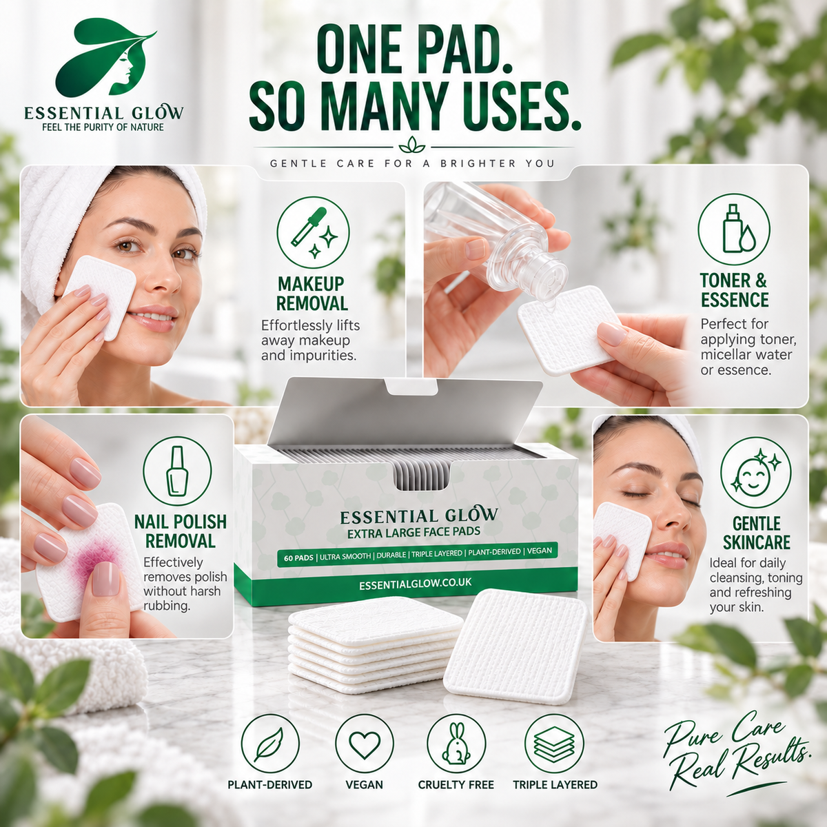 Essential Glow XL Face Pads, Triple Layered, Ultra Smooth, Durable (60 Pads)
