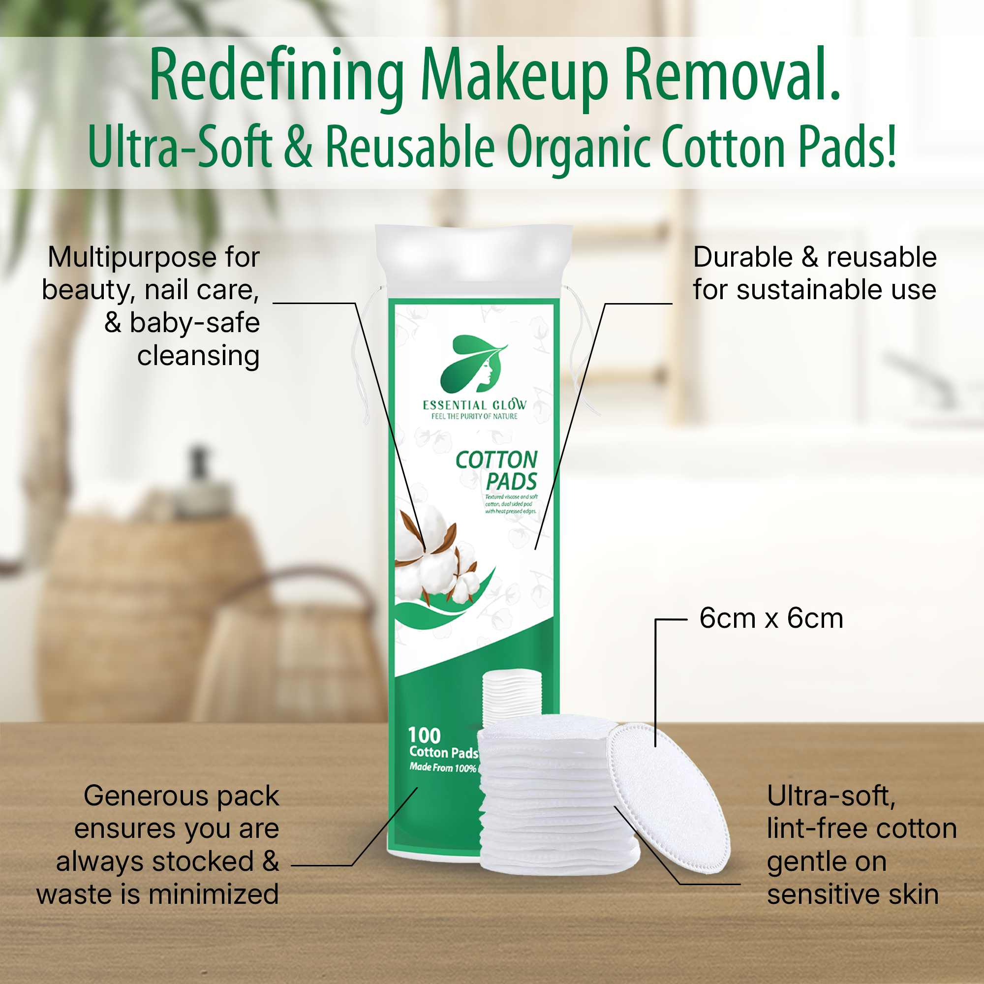 Essential Glow Premium Cotton Pads 100% Natural Organic Blend