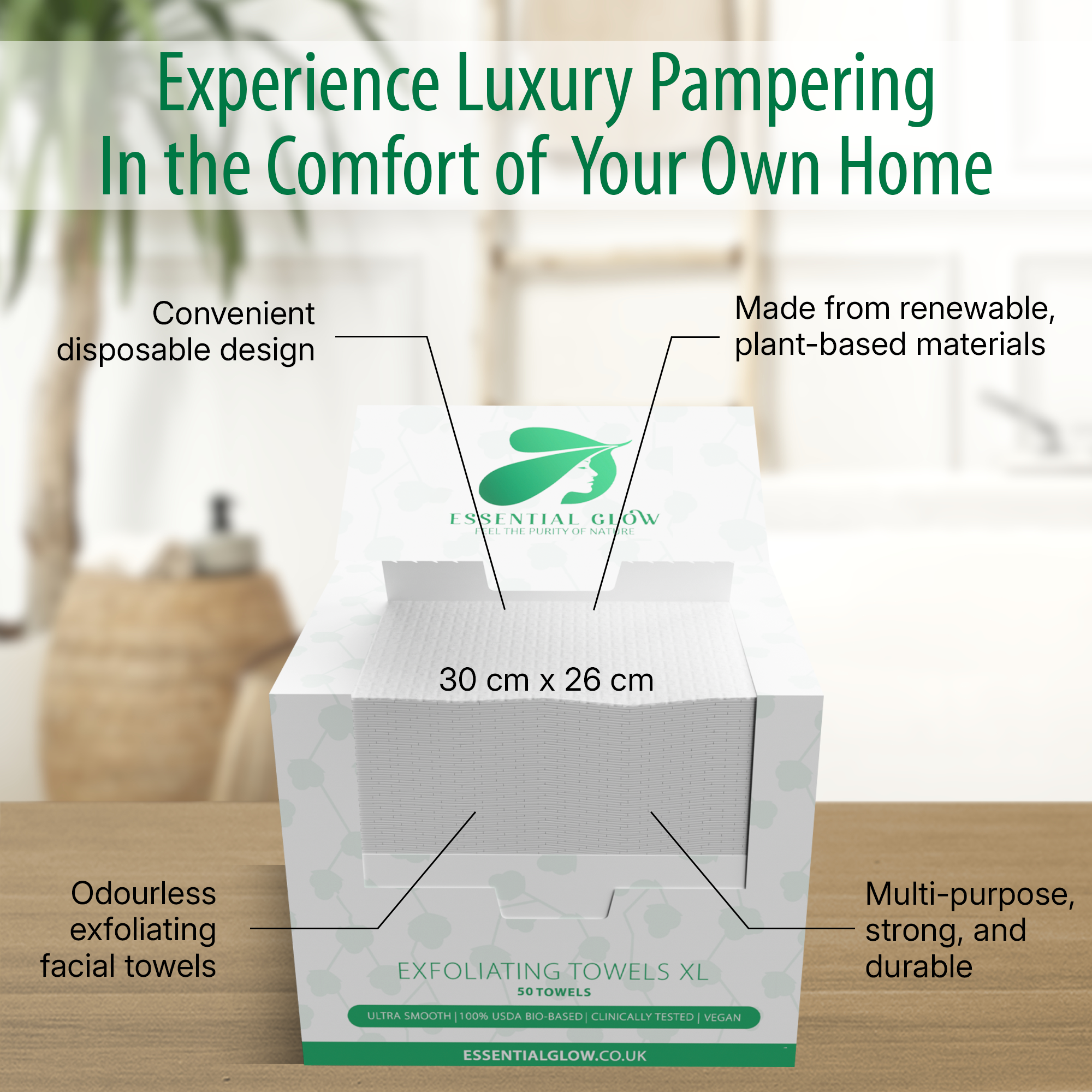 Essential Glow XL Disposable Face Towels, Ultra Smooth, 100% Biobased, 50 Towels