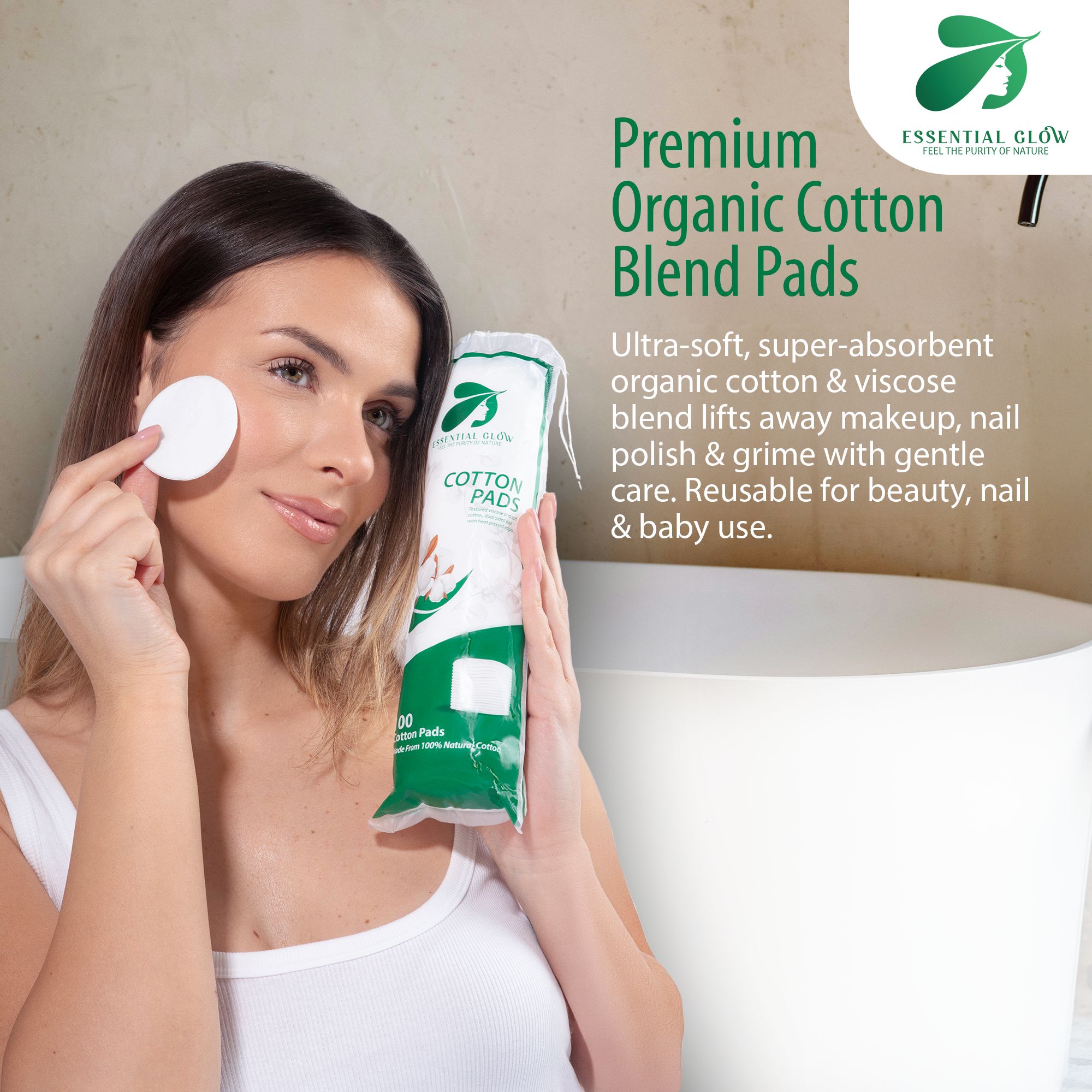 Essential Glow Premium Cotton Pads 100% Natural Organic Blend