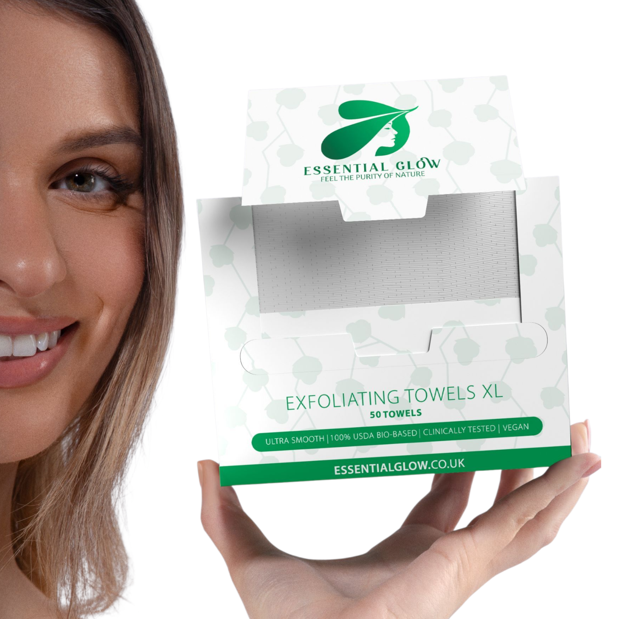Essential Glow XL Disposable Face Towels, Ultra Smooth, 100% Biobased, 50 Towels