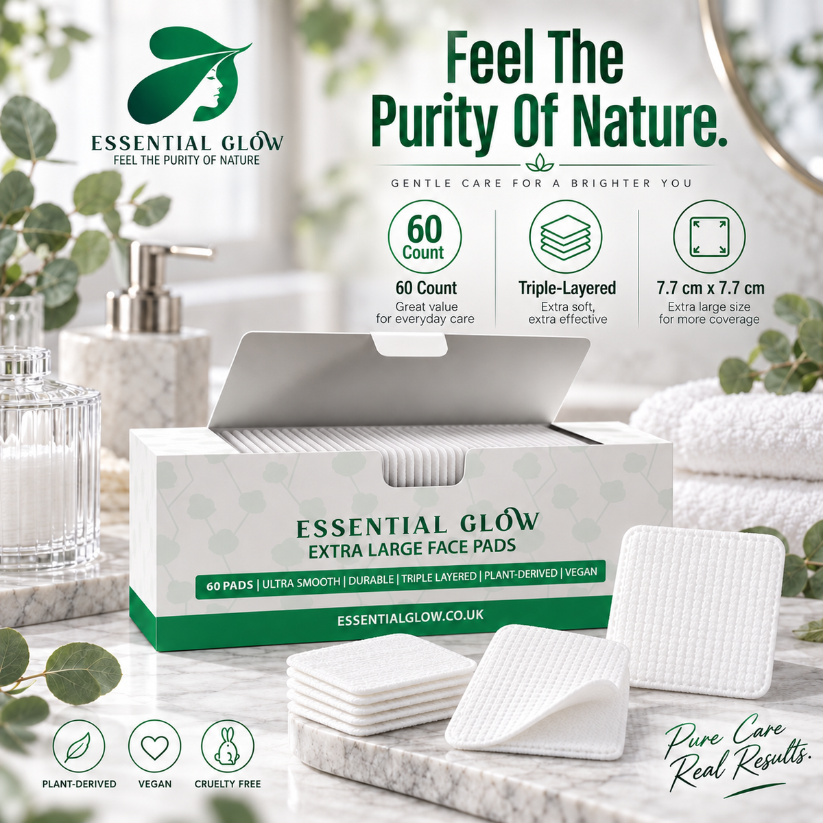 Essential Glow XL Face Pads, Triple Layered, Ultra Smooth, Durable (60 Pads)