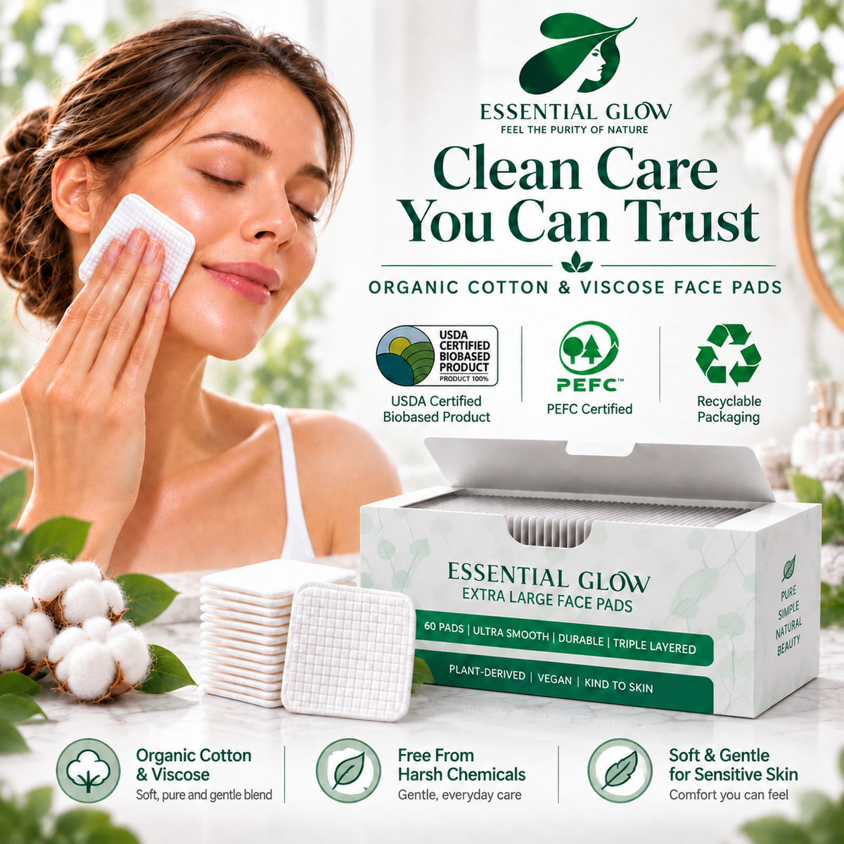 Essential Glow XL Face Pads, Triple Layered, Ultra Smooth, Durable (60 Pads)