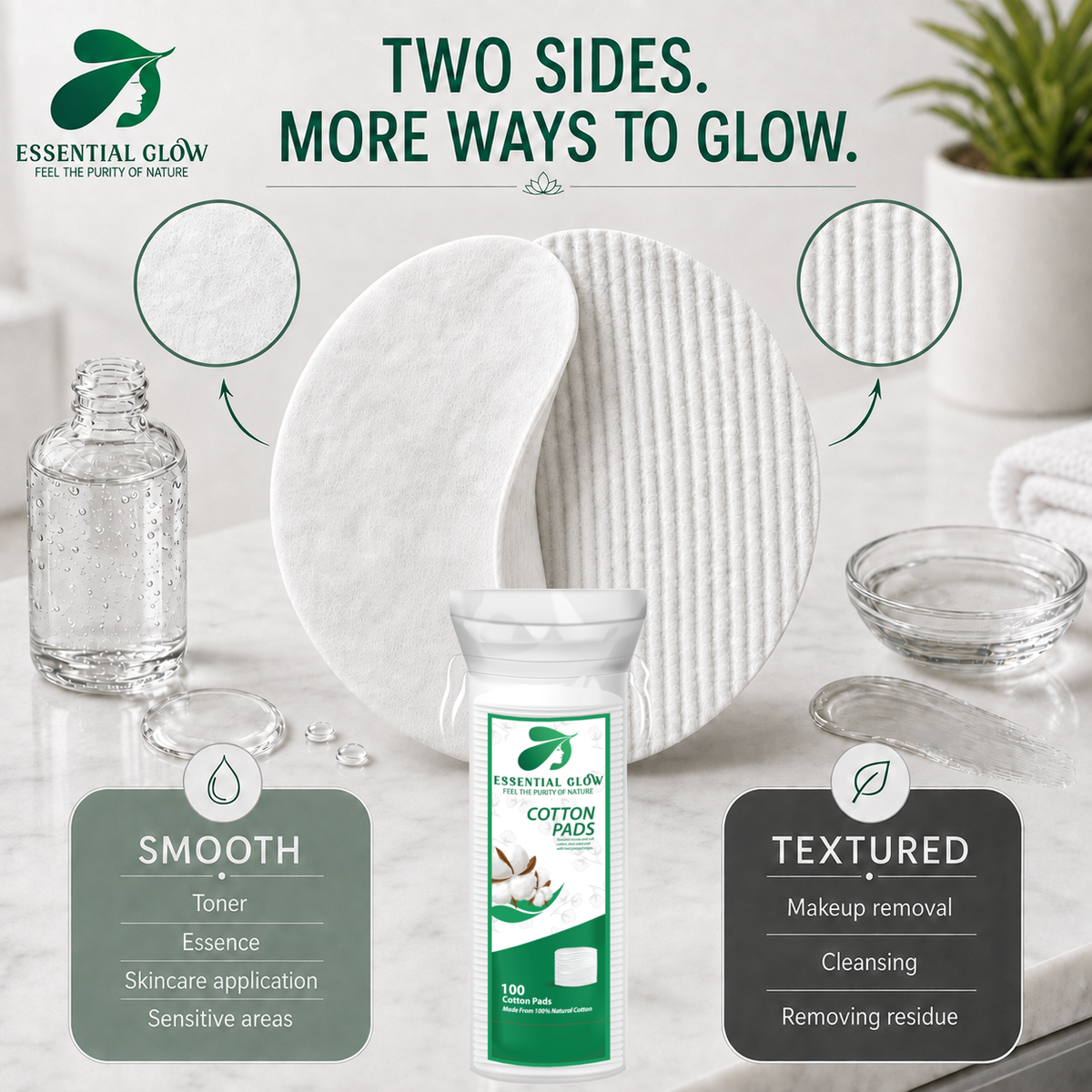 Essential Glow Premium Cotton Pads 100% Natural Organic Blend