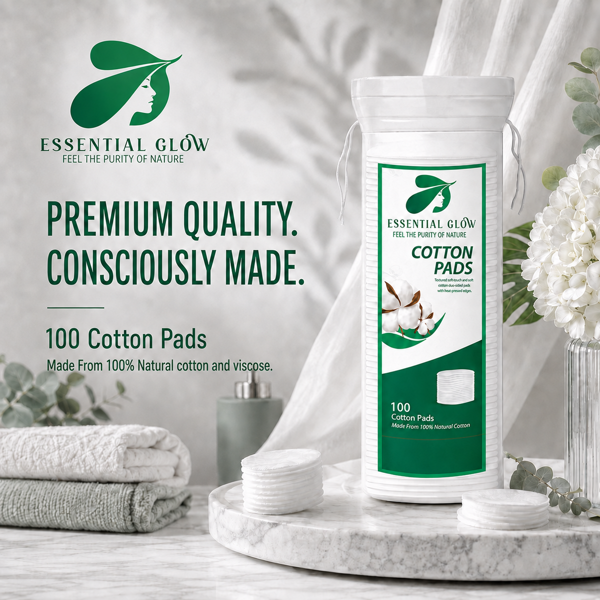 Essential Glow Premium Cotton Pads 100% Natural Organic Blend